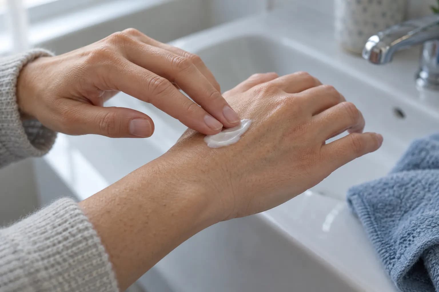 Hands gently spreading a small amount of moisturizer onto the back of one hand beside a sink