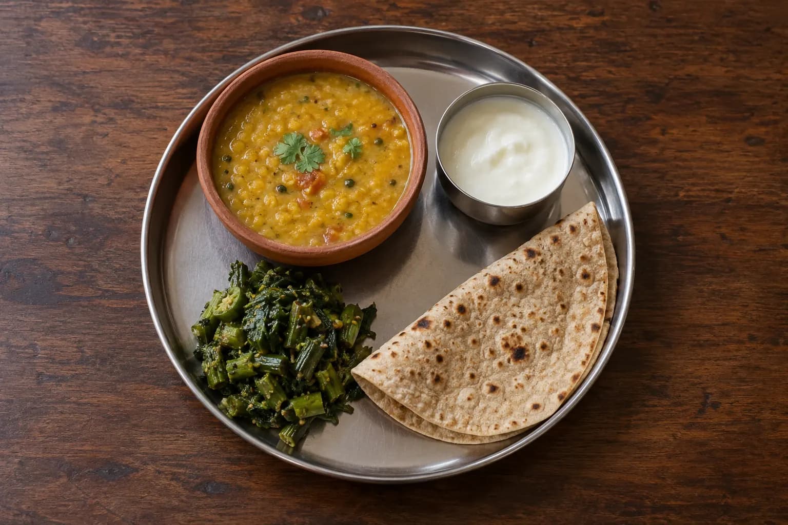 An overhead view of lentil dal, wholemeal chapati, plain yogurt and vegetables