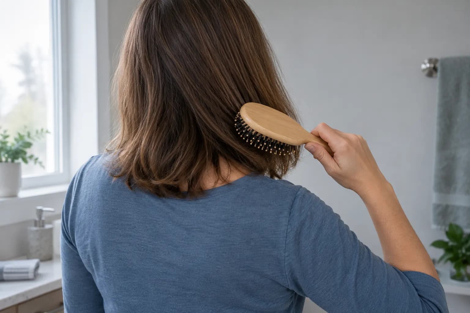 An adult seen from behind gently brushing the ends of their hair beside a bathroom window
