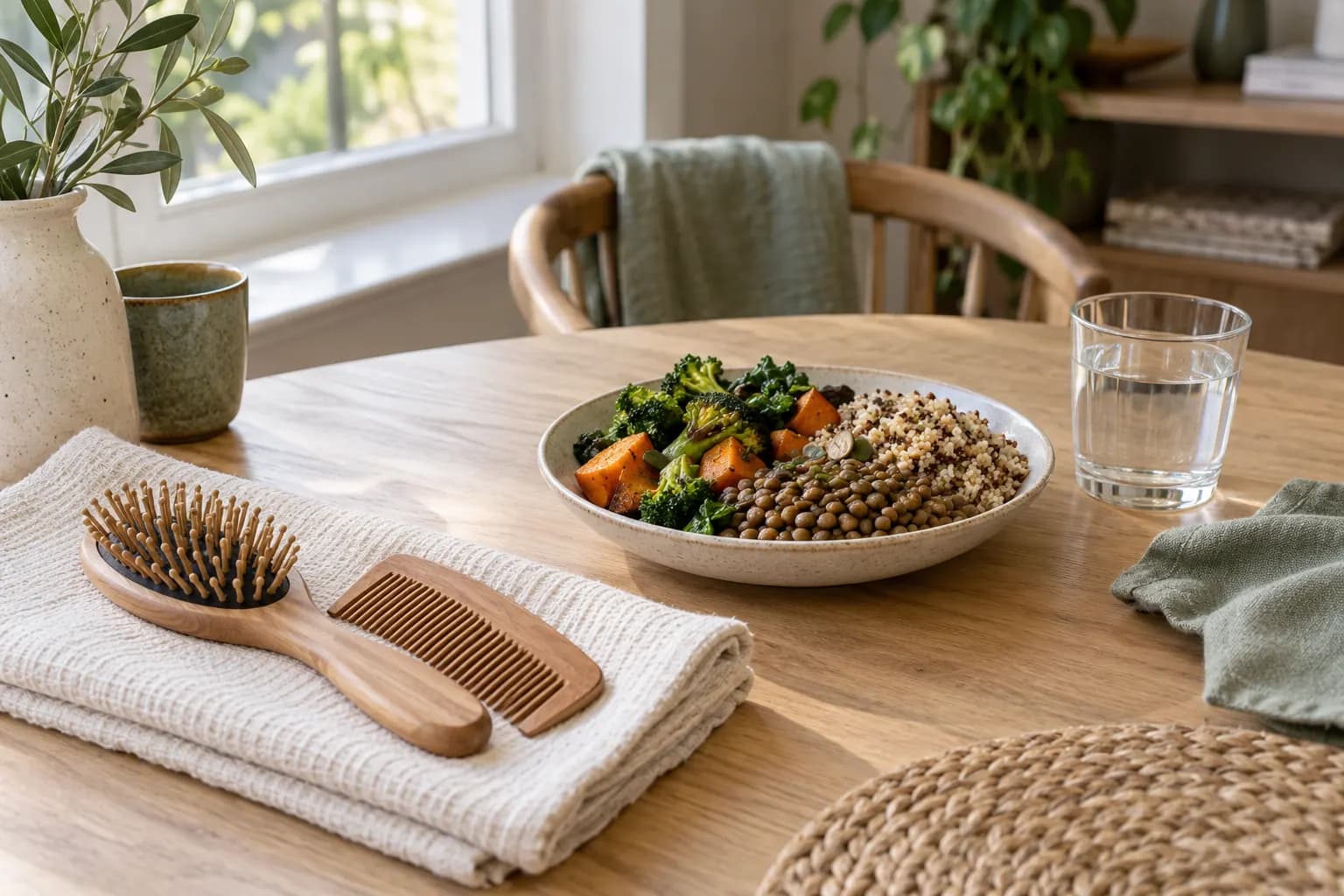 A wooden hairbrush and comb on a linen towel beside a bowl of lentils, grains and vegetables and a glass of water