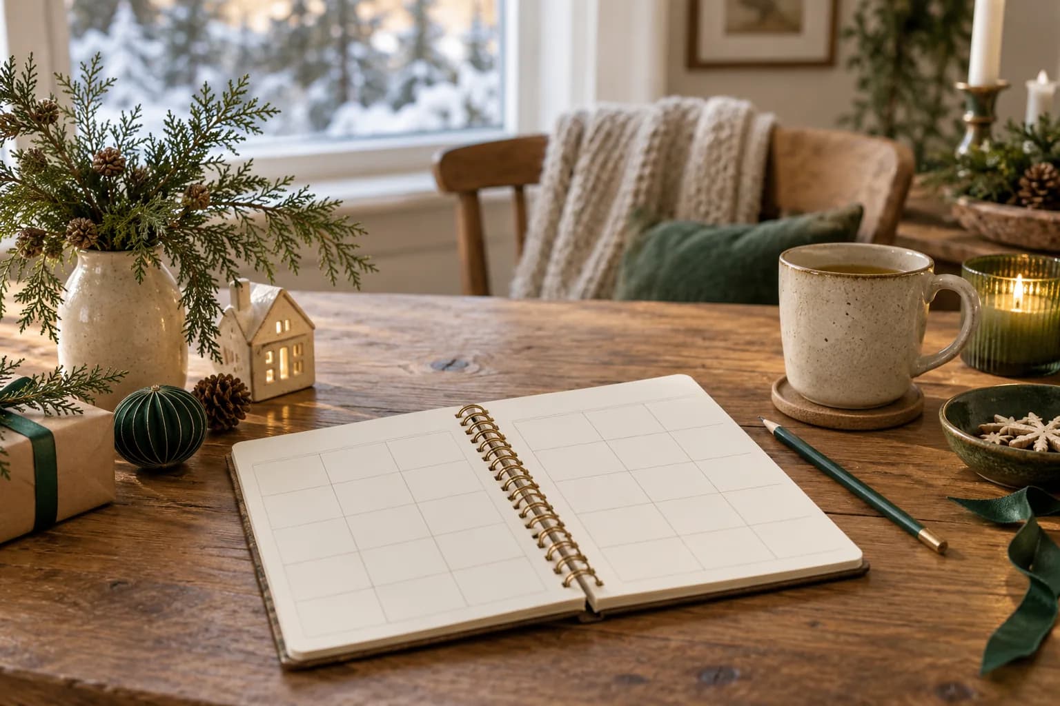 A blank planning notebook, pencil and warm drink with simple cedar decorations on a wooden table