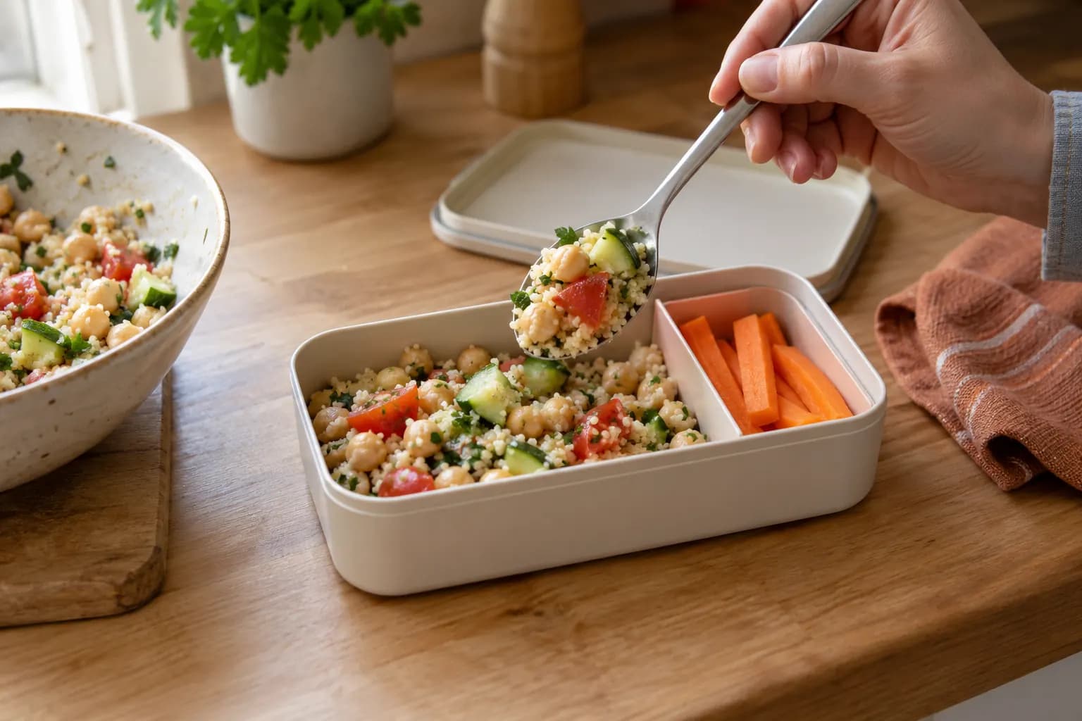 A hand spooning chickpea and couscous salad into a lunch box beside carrot sticks