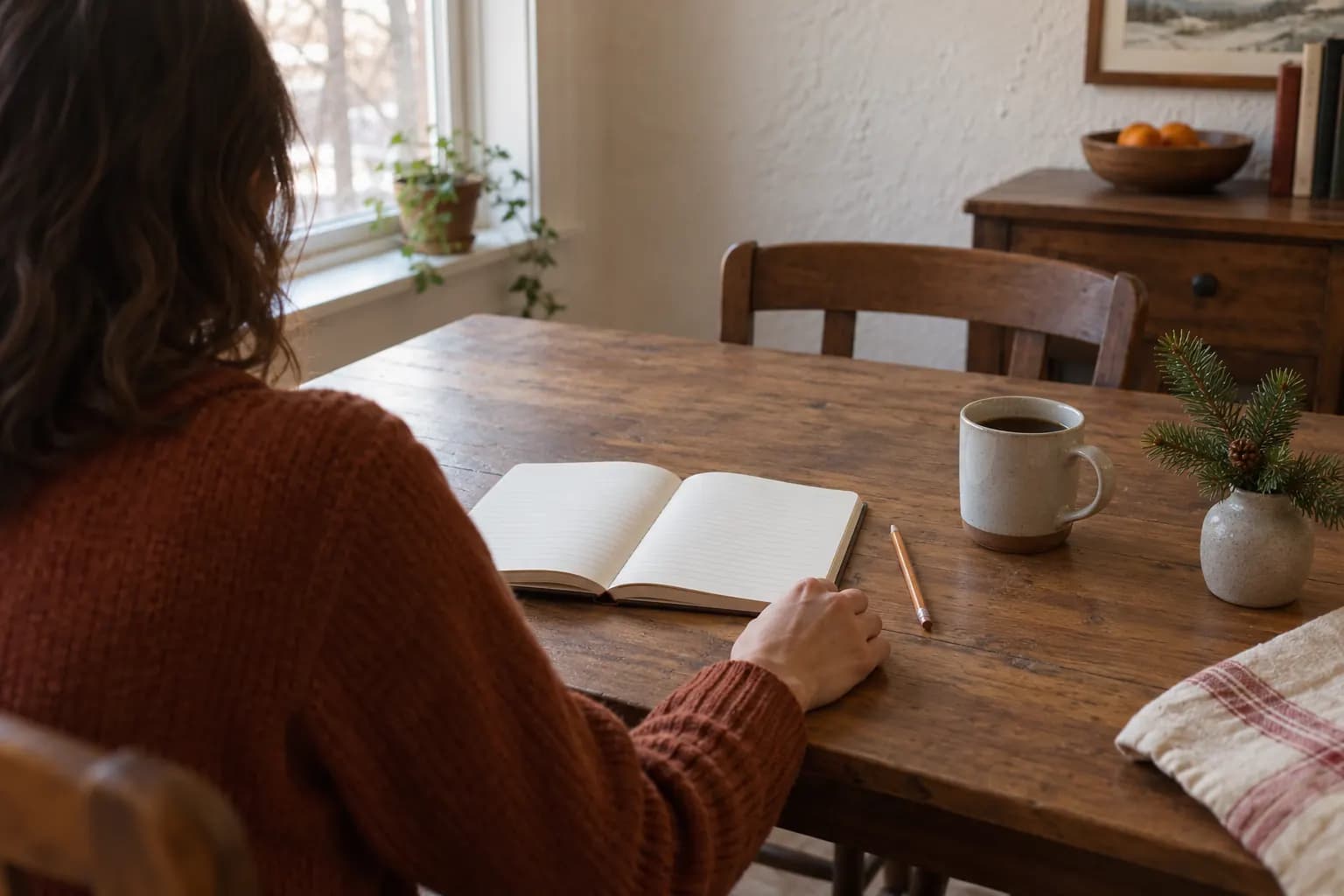 An adult looking over a notebook at a dining table with a mug and a small evergreen sprig