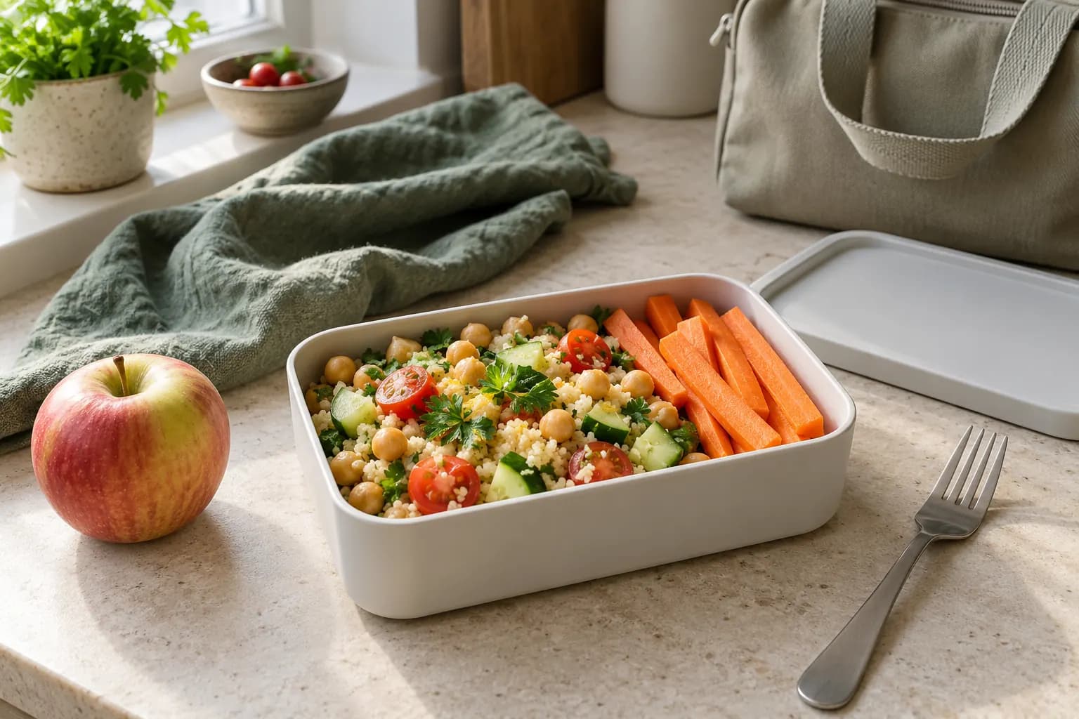 An open lunch box with chickpea and couscous salad and carrot sticks, beside an apple and fork on a kitchen counter