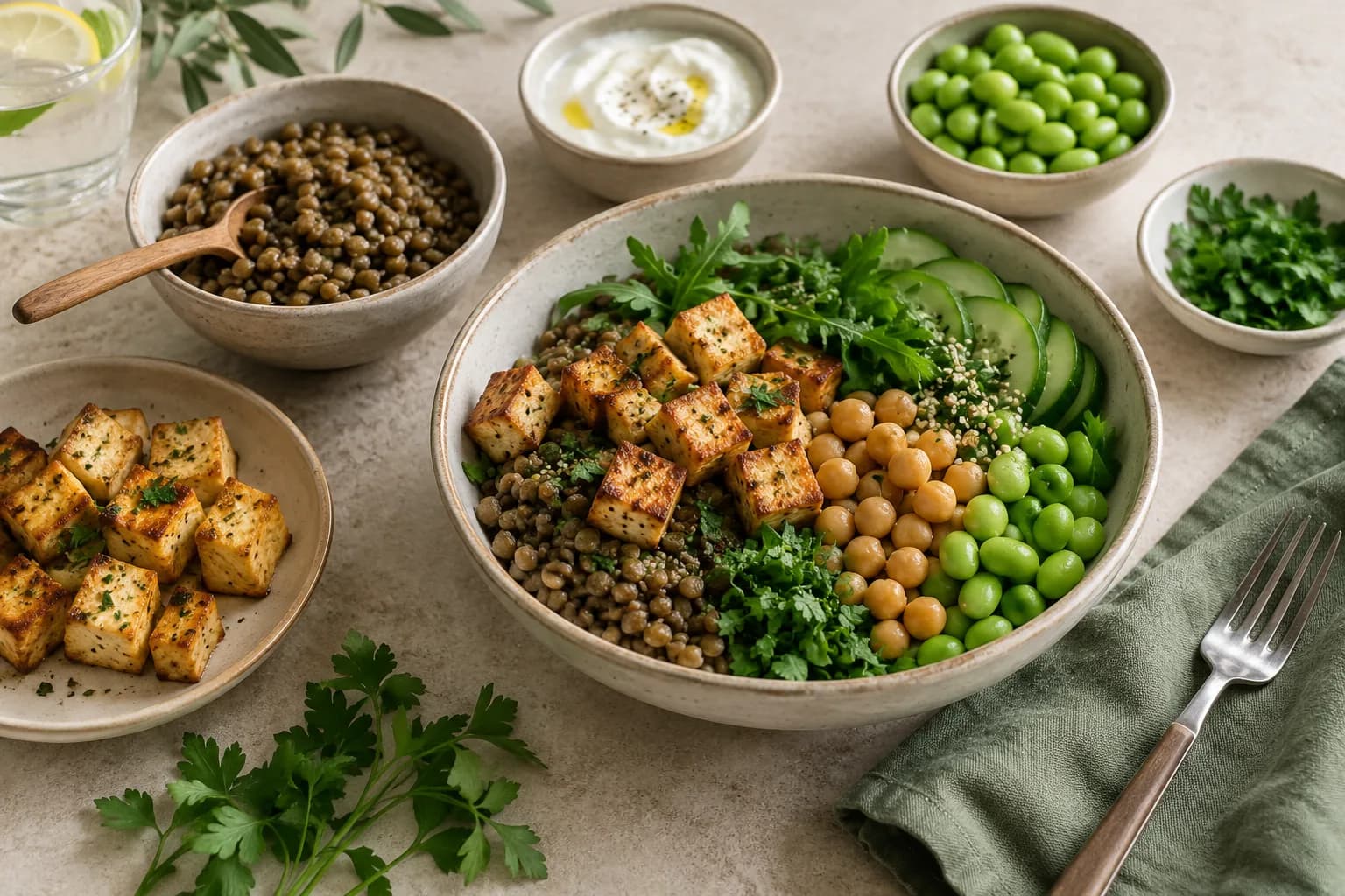 A vegetarian lunch bowl with tofu, lentils, chickpeas, edamame and greens, with yogurt alongside