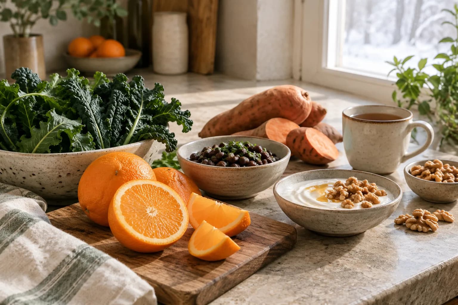 Oranges, leafy greens, sweet potatoes, beans, yogurt and walnuts on a sunlit kitchen counter