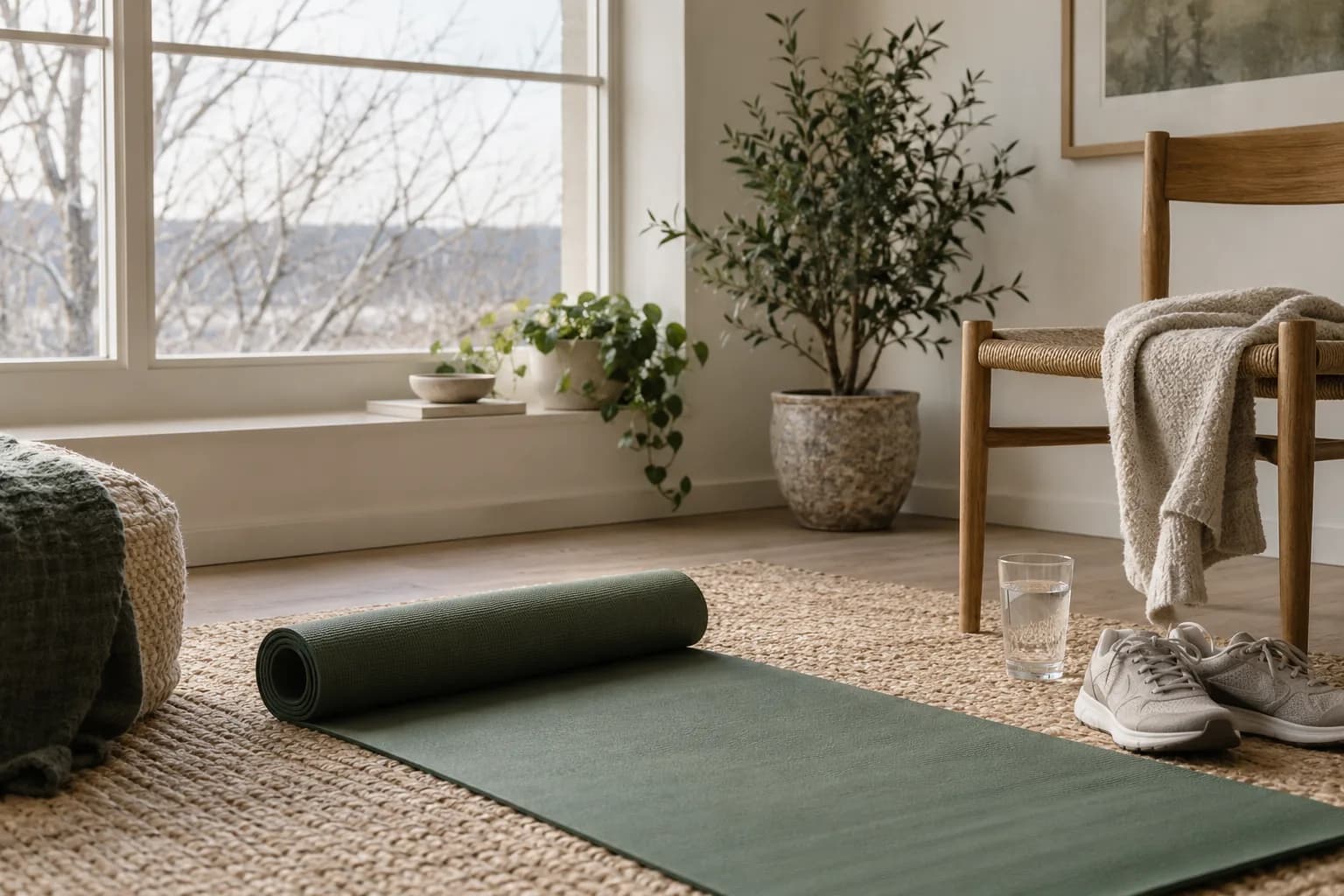 A green exercise mat, trainers, water glass and wooden chair in a softly lit winter room