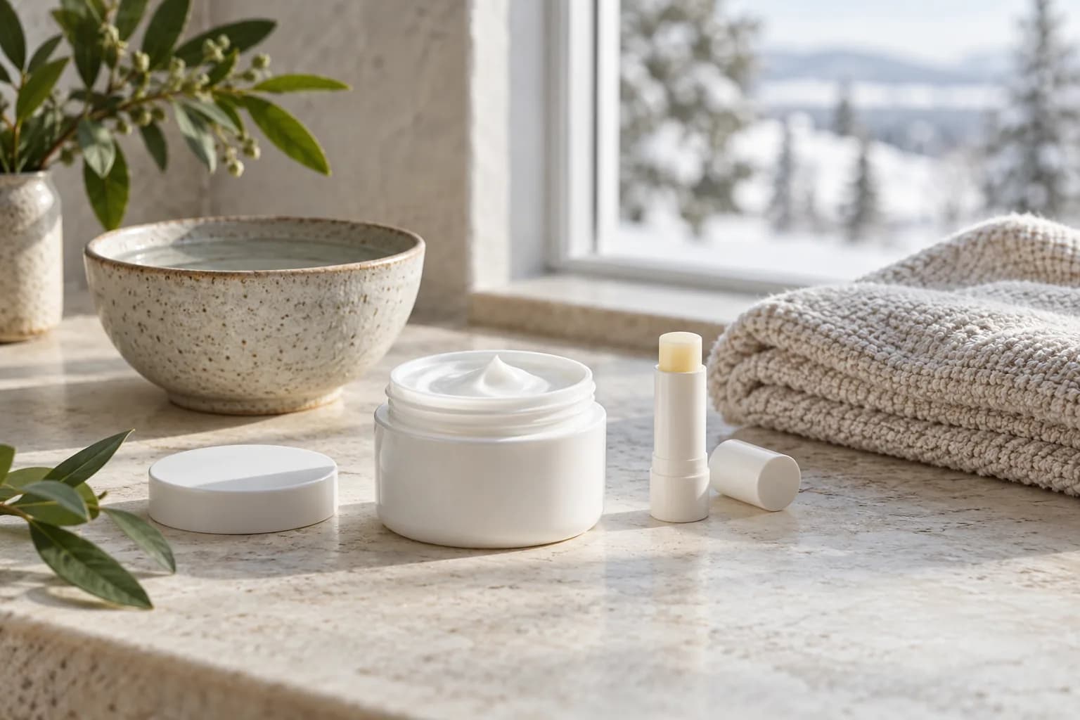 An unbranded cream jar, lip balm and folded cotton towel on a softly lit stone surface