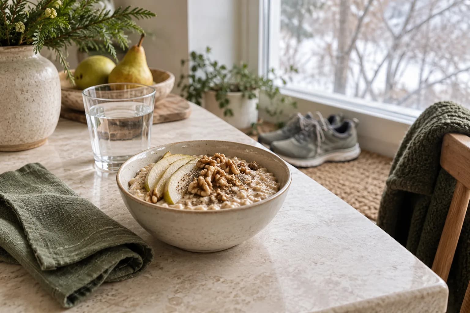 Oatmeal with pear and walnuts beside a winter window, with walking shoes in the background