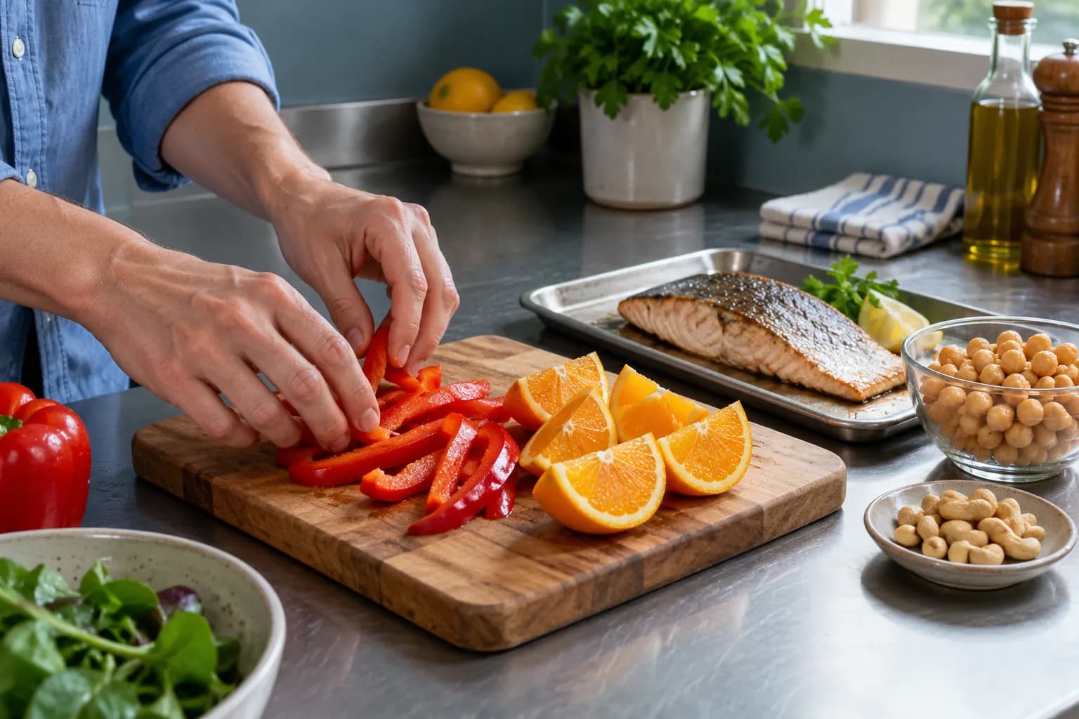 Hands arranging red pepper strips and orange wedges beside cooked skin-on fish, chickpeas and cashews in a kitchen