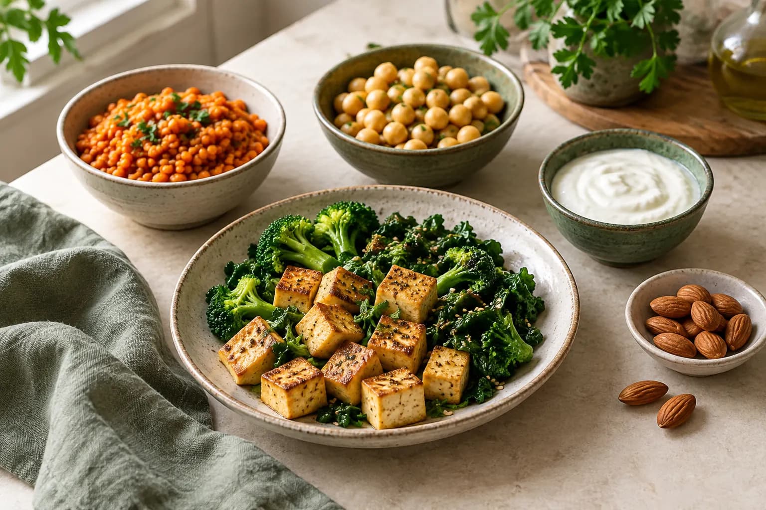 Tofu and green vegetables on a ceramic plate beside bowls of lentils, chickpeas, plain yogurt and almonds
